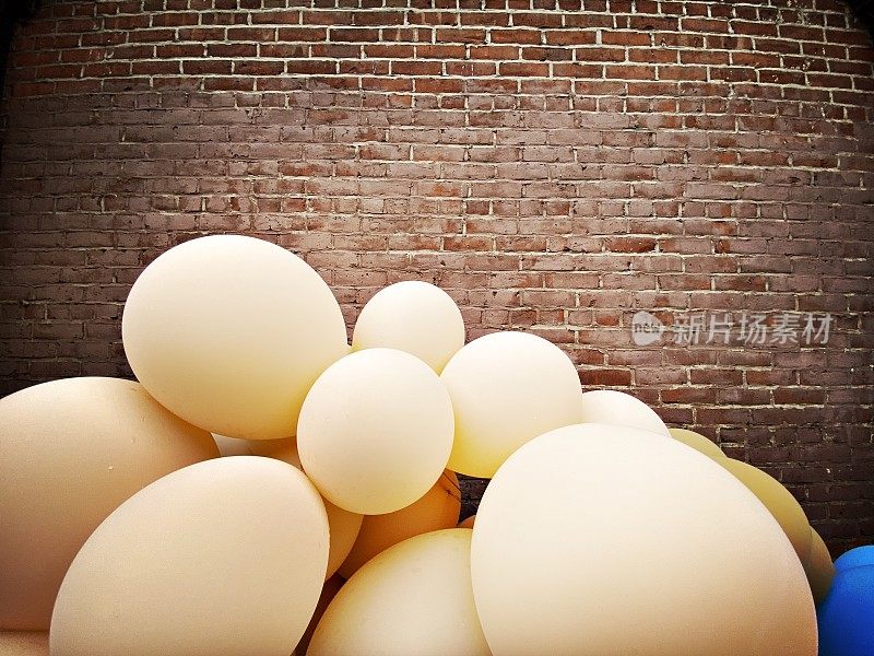 Brown and Blue Balloons against a Brick Wall